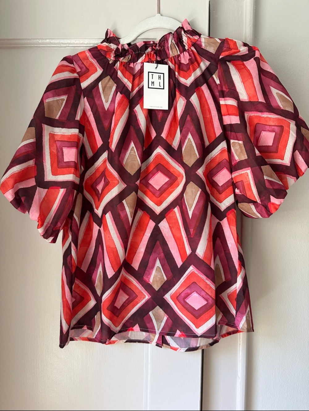 THML “Tanya” Geometric Puff-Sleeve Blouse